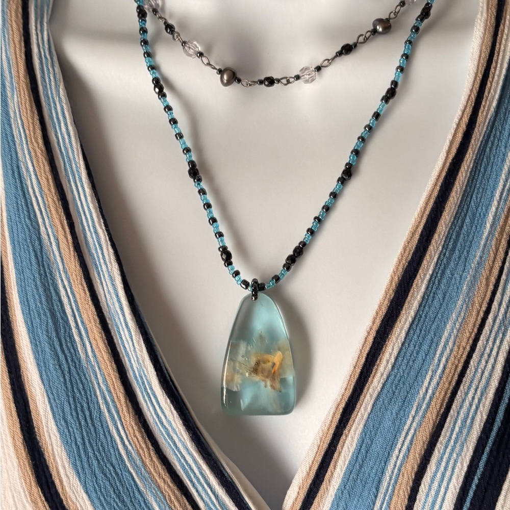 Artisan Ocean Pendant Necklace Double Strand Seed Beads Coastal Resort Jewelry